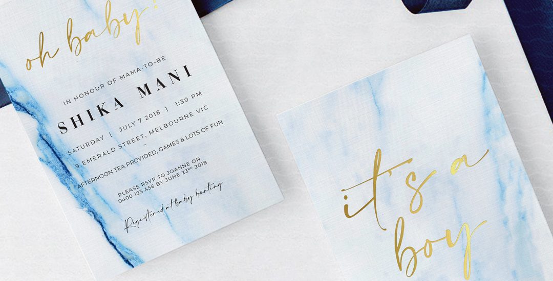 Natalie Pasnin Designs - Blue Marble, with Gold Foil Baby Shower Invitation Card